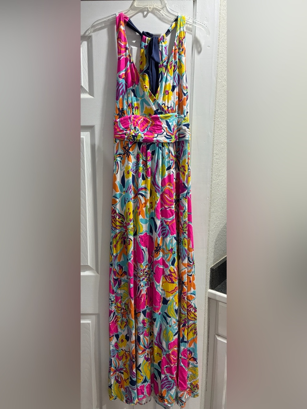Lilly Pulitzer Pink Floral Halter Maxi Dress with Yellow & Blue Accents